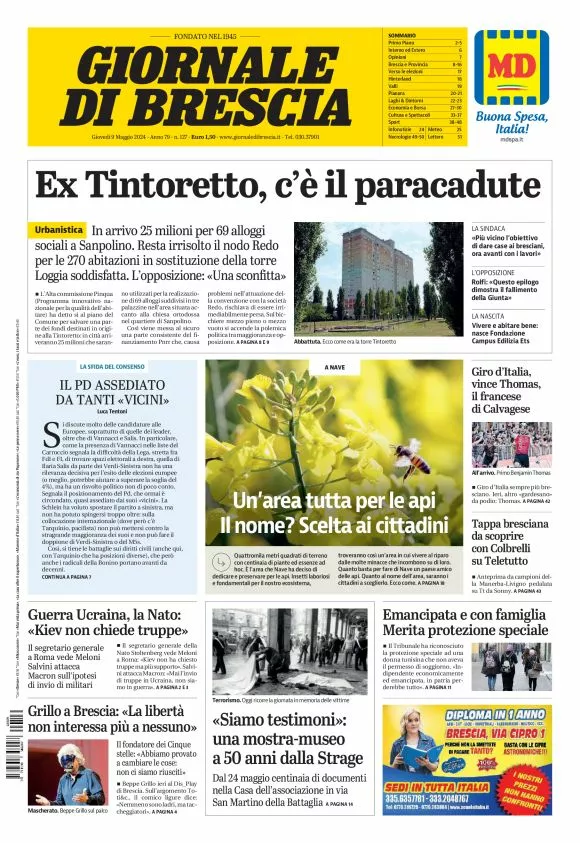 Prima-pagina-giornale di brescia-oggi-edizione-del-2024-05-09